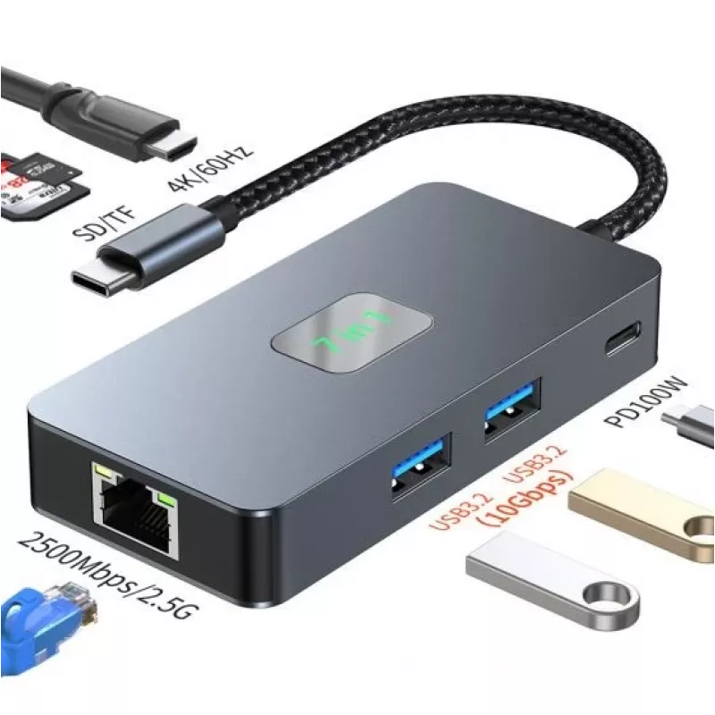 TB adaptera centrs USB-C (7-in-1) HDMI USB SD/tf RJ45 (2500 Mbps) PD