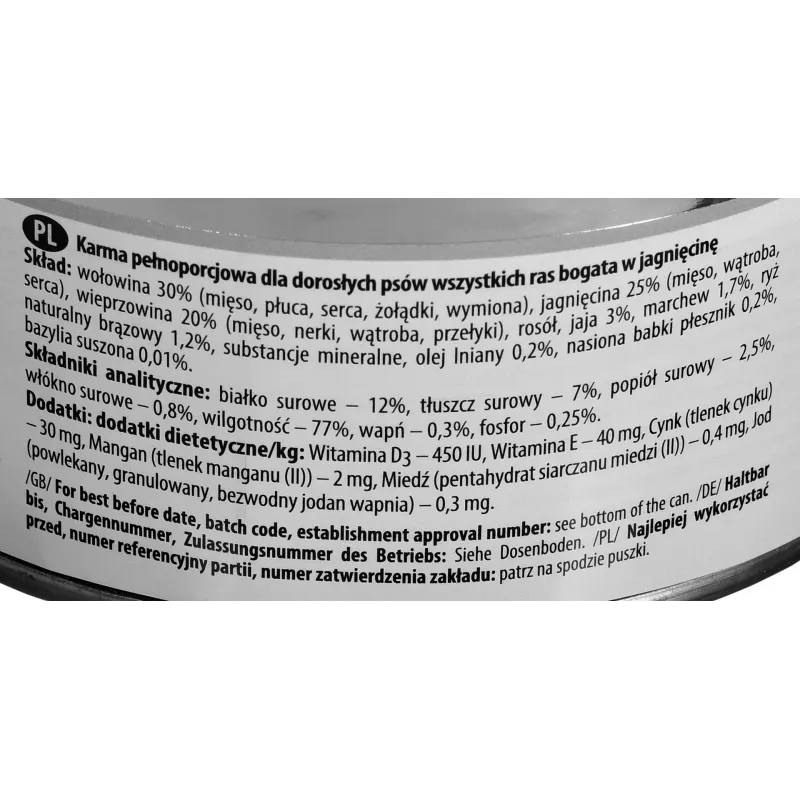 Mitrā suņu barība Dolina Noteci Premium ar jēra gaļu 800 g kanna — bez graudiem, pieaugušiem suņiem, olbaltumvielas 12 %, mitrums 77 %