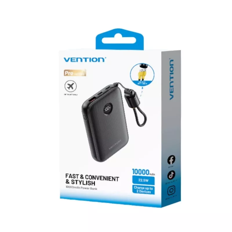 Ārējais akumulators Vention FKAB0-C 10000 mAh, 2× USB-C + 1× USB-A, 22,5 W, melns