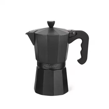 Moka katliņš Maestro MR-1666-6-Melns — manuālā plīts virsmas kafijas automāts, 6 krūzes, 300 ml, melns alumīnijs