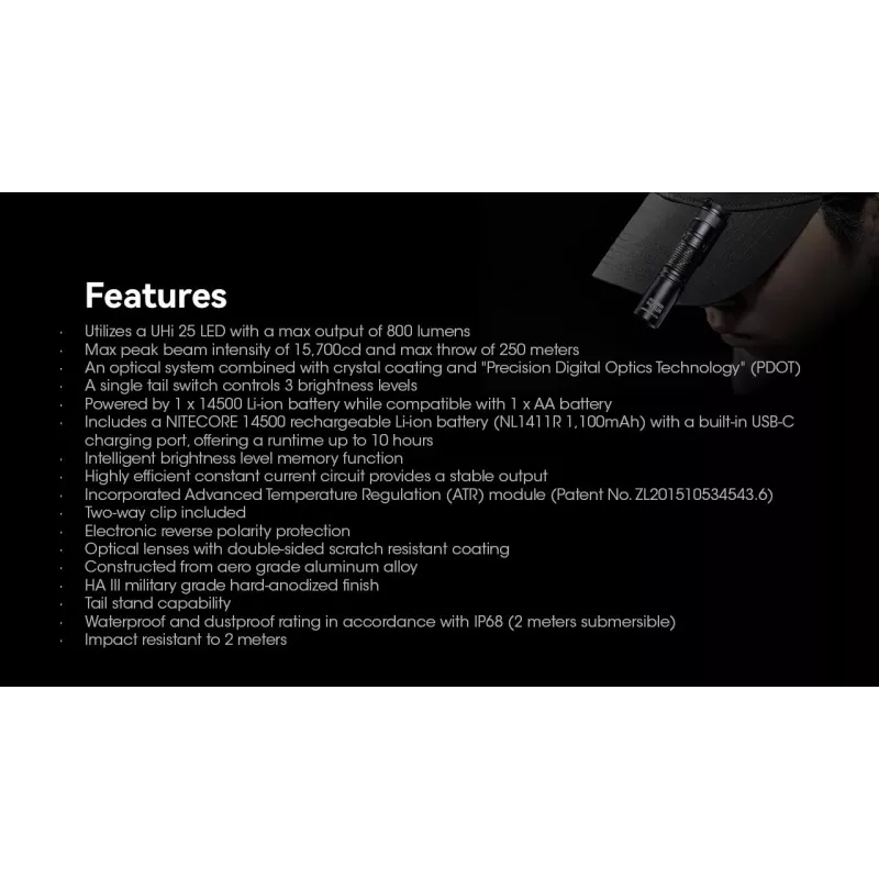 Rokas lukturis Nitecore MT1A Pro — LED 50 lm, uzlādējams caur USB, 1100 mAh, alumīnijs, ūdensizturīgs, triecienizturīgs, melns