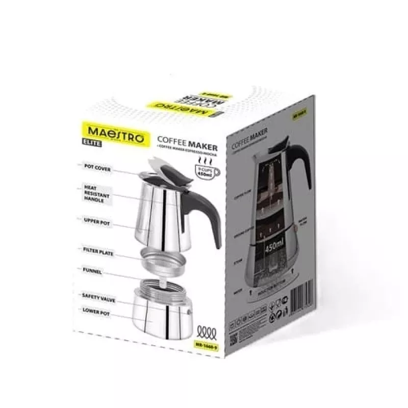 Moka katls Maestro MR-1660-9, plīts virsmas kafijas automāts 6 tasītēm, melns