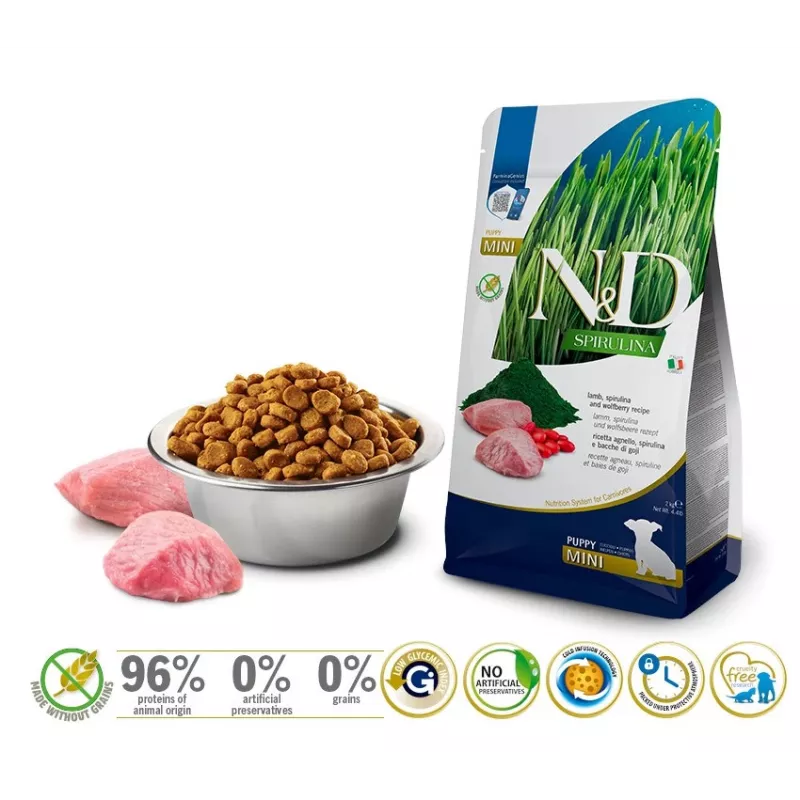 FARMINA N&D Spirulina Lamb Puppy Mini - sausā suņu barība - 2 kg