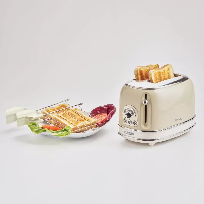 Ariete 155 Design 2 Slice Toaster ar sviestmaižu turētājiem, 6 grauzdēšanas līmeņi, 810 W, nerūsējošā tērauda korpuss, noņemama drupatu paplāte, pasteļbēšs
