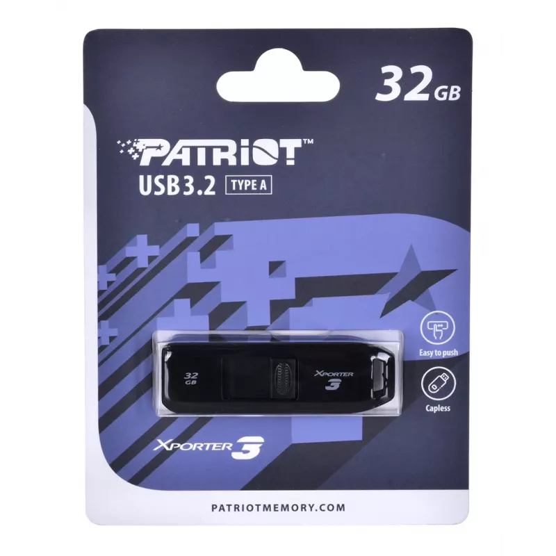 USB zibatmiņa PATRIOT Xporter 32 GB USB Type-A 3.2 Gen 1, lasīšana 80 MB/s, slīdošs dizains, melna