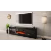 TV skapītis ar kamīnu Cama Meble GRANERO modelis — 200 x 56,7 x 35 cm, melns/melns spīdums, 2 durvis, 2 plaukti, bīdāmās durvis, MDF/skaidu plātne
