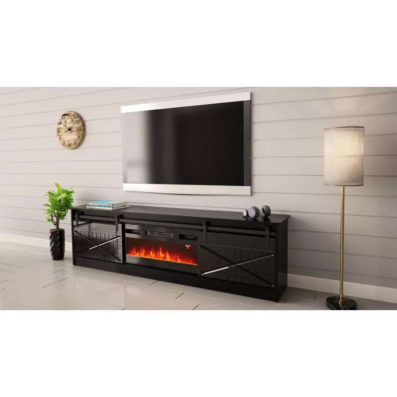 TV skapītis ar kamīnu Cama Meble GRANERO modelis — 200 x 56,7 x 35 cm, melns/melns spīdums, 2 durvis, 2 plaukti, bīdāmās durvis, MDF/skaidu plātne