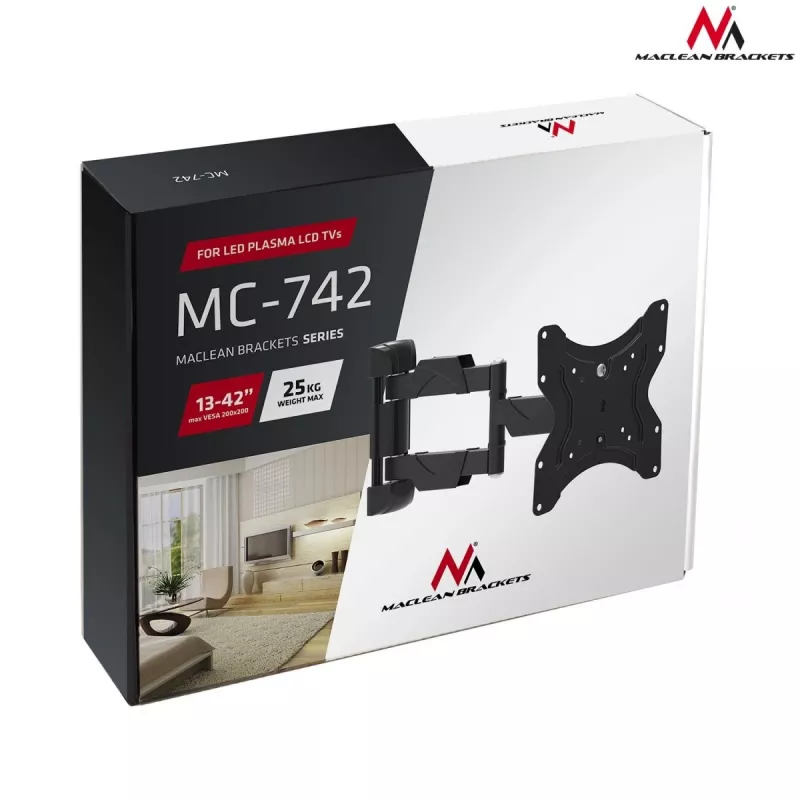 Sienas televizora stiprinājums MACLEAN MC-742 42 collu (106,7 cm), slīpums -12°/+12°, VESA 75x75–200x200, maks. slodze 30 kg, melns