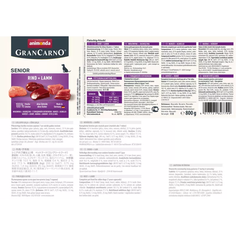 mitrā suņu barība animonda GranCarno Senior Beef + Lamb can 800 g, protein 10.5%, fat 8.5%