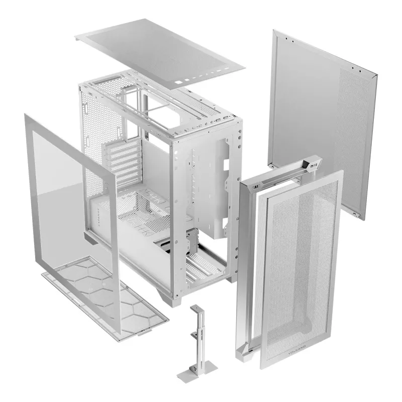 PC korpuss MODECOM VOLCANO EXPANSE S MIDI Tower — balts, microATX, rūdīts stikls, USB-C, atbalsta GPU 430 mm
