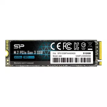 SSD M.2 NVMe Silicon Power P34A60 512 GB — PCIe, lasīšana 2200 MB/s, rakstīšana 1600 MB/s, NVMe 1.3