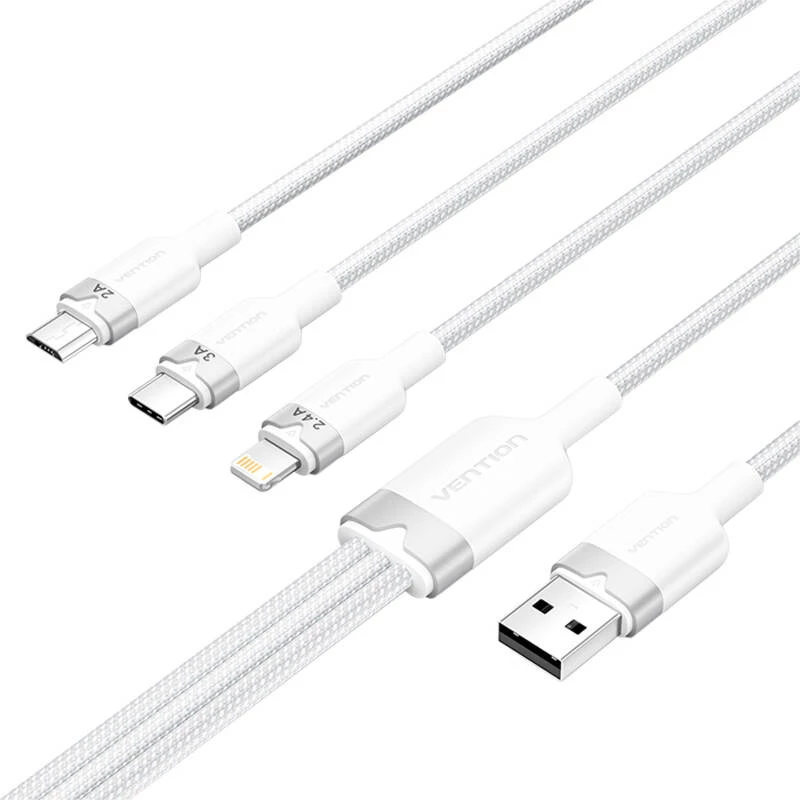USB 2.0 A uz 3-in-1 3A kabelis Vention CTPWG 1,5 m balts