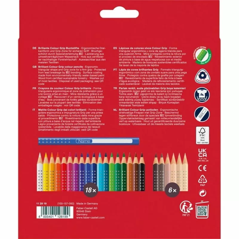 Faber-Castell 112819 Grip Skin Tones krāsainie zīmuļi, 18+6