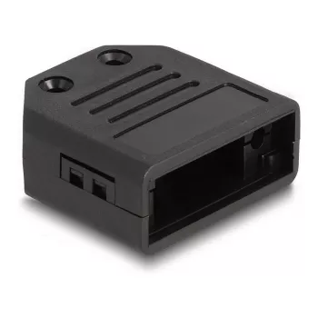 Kabeļa aizsargs DELOCK D-Sub korpuss 9 kontaktu spraudnim/ligzdai, plastmasa ar sprieguma samazināšanu, 33.3×33.8×14.8 mm, melns