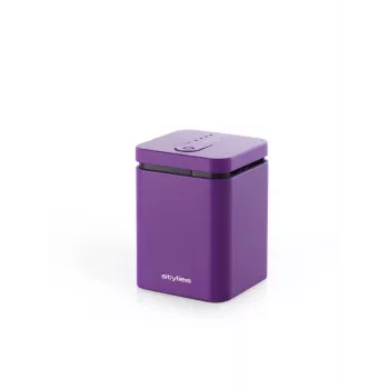 Iztvaikojošs aromātu difuzors Stylies ELARAPURPLE telpām līdz 25 m² — violets, taisnstūrveida, maiņstrāvas/bateriju/USB barošana, smaržu kārtridžs, 2 h taimeris, 74×74×100 mm, 1,3 W