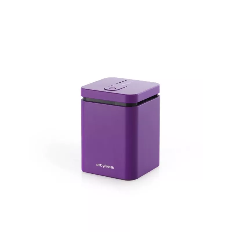 Iztvaikojošs aromātu difuzors Stylies ELARAPURPLE telpām līdz 25 m² — violets, taisnstūrveida, maiņstrāvas/bateriju/USB barošana, smaržu kārtridžs, 2 h taimeris, 74×74×100 mm, 1,3 W