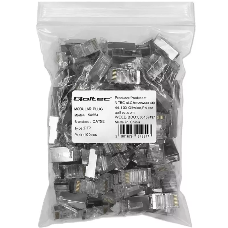 Modular RJ45 savienotājs QOLTEC 54554 CAT5e FTP, 100 gab., sudraba, plastmasa, 11×22×18 mm