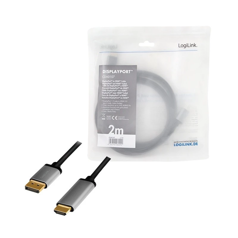 LogiLink CDA0107 video kabeļa adapteris 2 m DisplayPort HDMI Pelēks Melns