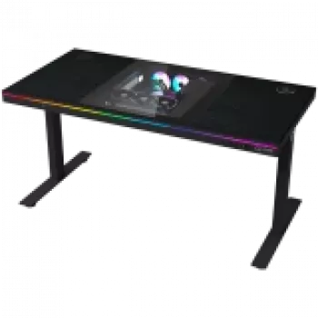 Divmotoru sēdvietas/stāvēšanas regulējama augstuma spēļu galds ar iebūvētu datora korpusu, bezvadu lādētāju, RGB apgaismojumu, vadības paneli un USB pieslēgvietām, PB melamīna virsma, melns.