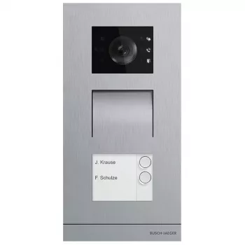 Video durvju stacija Busch-Jaeger A21381P2-S-03 — nerūsējošā tērauda āra iekārta, pogas, 135×29×277 mm, sudraba krāsa
