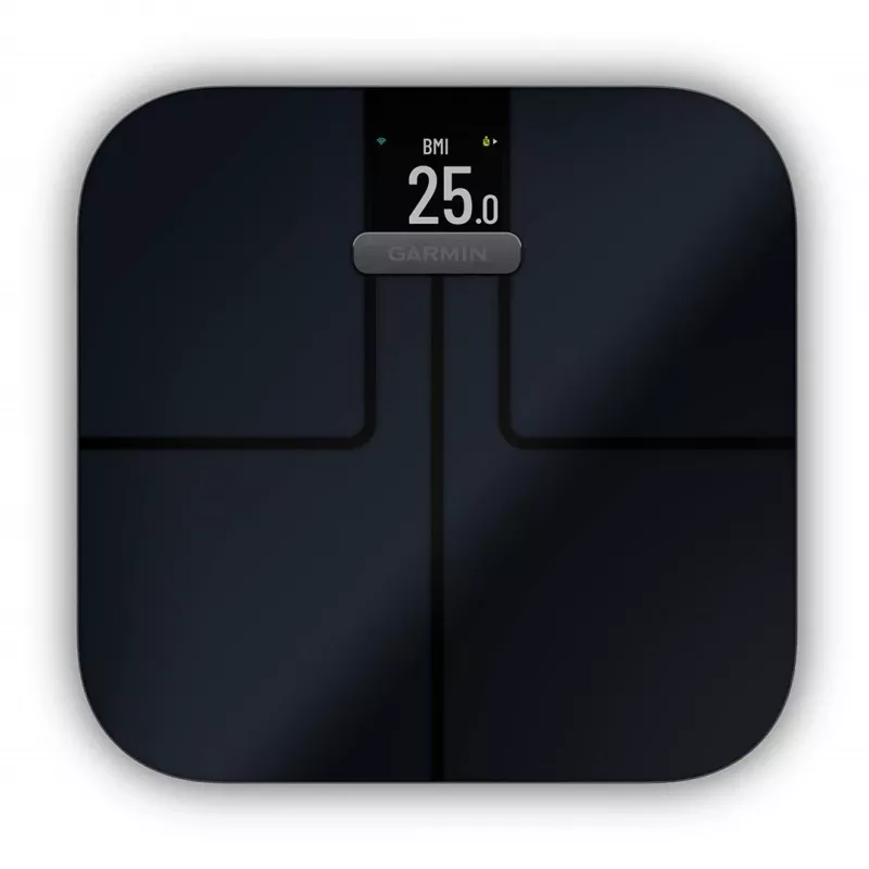 Elektroniskie personālie svari GARMIN Index S2 — melni, maks. 181,4 kg, Wi‑Fi/Bluetooth, ķermeņa kompozīcija