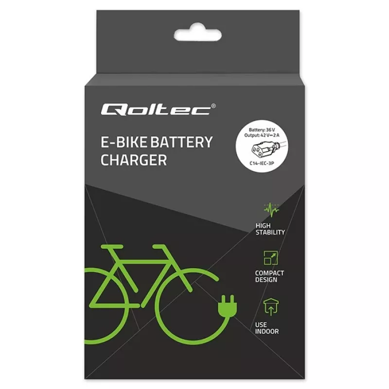 Lādētājs QOLTEC 36V–42V 2A ar C14 IEC 3-pin savienotāju e-velosipēdu akumulatoriem