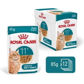 Mitrā kaķu barība Royal Canin FHN Ageing 11+ Gravy 12 × 85 g – pilnvērtīga mitrā barība senioriem paplātītēs