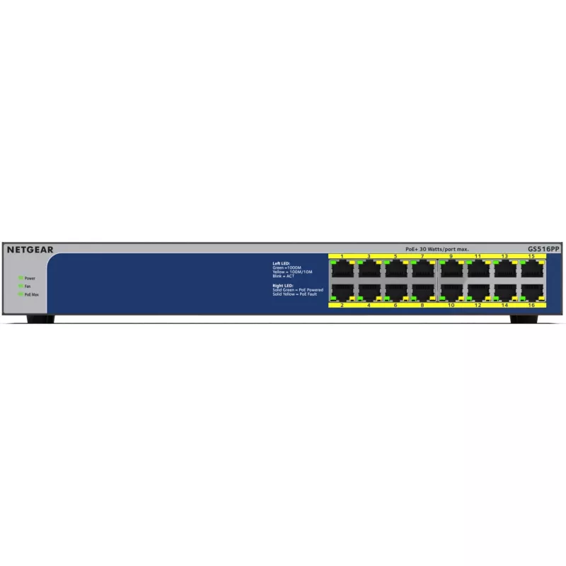 NETGEAR GS516PP Nevadāms Gigabit Ethernet (10/100/1000) Power over Ethernet (PoE) Zils, Pelēks
