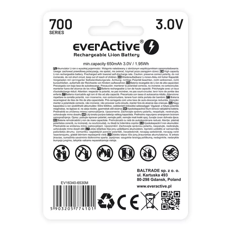 Uzlādējama baterija everActive EV16340 700mAh 3V ar Micro USB uzlādi