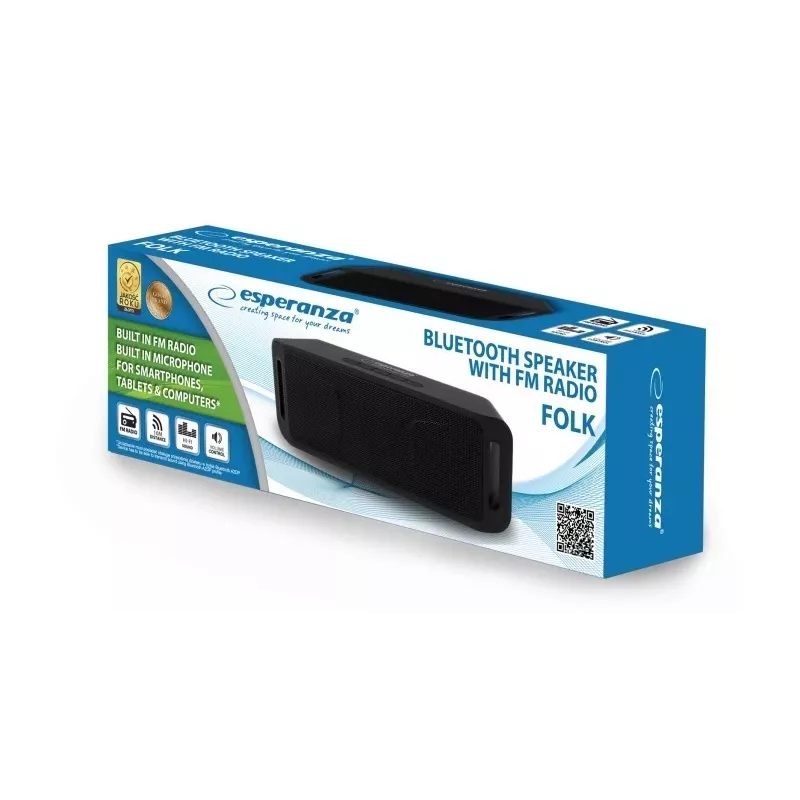 Stereo pārnēsājamais skaļrunis ESPERANZA FOLK melns — 6 W RMS, Bluetooth, MicroSD, LiPo baterija