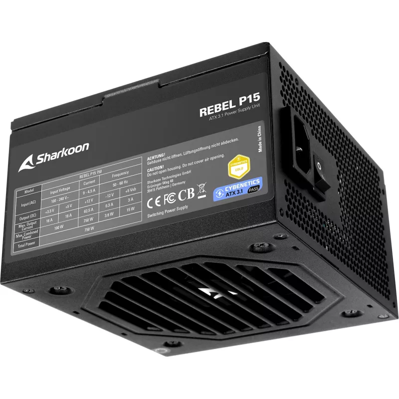 Strāvas padeve Sharkoon Rebel P15 750, 750 W, 1x 12 kontaktu augstas jaudas GPU savienotājs, 4x PCIe, modulāri kabeļi