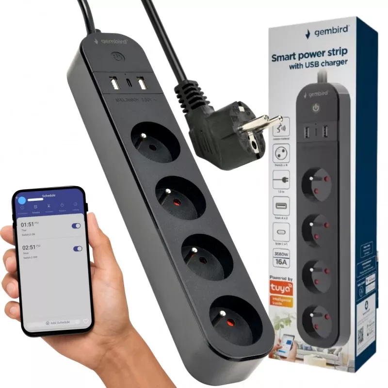 Pagarinātājs GEMBIRD TSL-PS-F4U-02 ar 4 PL ligzdām un USB lādētāju, melns