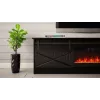 TV skapītis ar kamīnu Cama Meble GRANERO modelis — 200 x 56,7 x 35 cm, melns/melns spīdums, 2 durvis, 2 plaukti, bīdāmās durvis, MDF/skaidu plātne