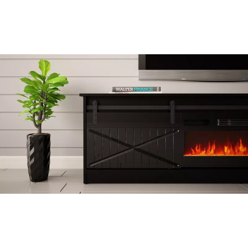 TV skapītis ar kamīnu Cama Meble GRANERO modelis — 200 x 56,7 x 35 cm, melns/melns spīdums, 2 durvis, 2 plaukti, bīdāmās durvis, MDF/skaidu plātne