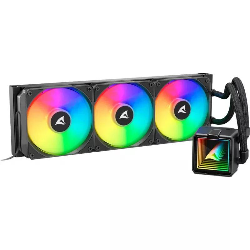 Universāls šķidruma CPU dzesētājs Sharkoon S100 ARGB – 360 mm radiators, melns