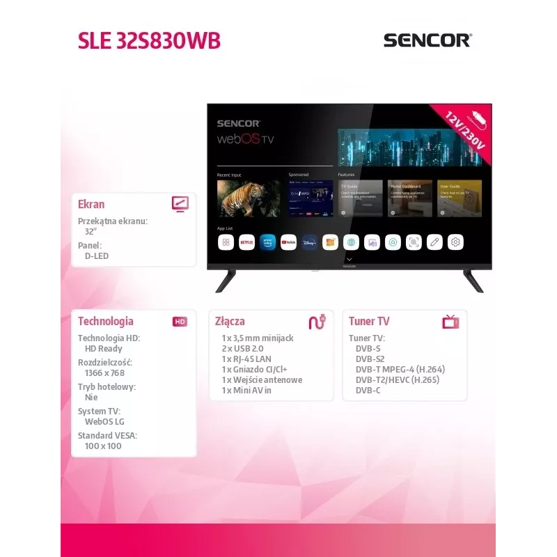 Televizors SENCOR SLE 32S830WB 32 collu LED Smart webOS 12V BT5.0