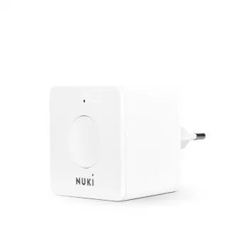 Bezvadu viedās mājas signāla paplašinātājs NUKI Bridge — Bluetooth/Wi‑Fi, 230V, diapazons līdz 10 m, 60×60×50 mm, balta
