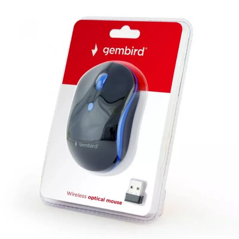 Bezvadu optiskā pele Gembird MUSW-4B-03-B, RF, piemērota abām rokām, 1600 DPI, 4 pogas, darbināma ar baterijām, zila/melna