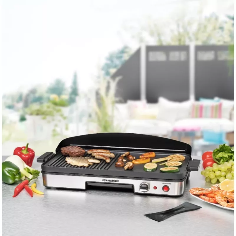 Elektriskais galda grils Rommelsbacher BBQ 2003 — 1900 W, 50×25 cm, rievota + Teppanyaki, regulējams termostats, sudraba/melns