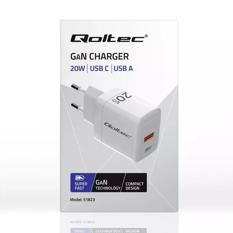 GaN lādētājs QOLTEC 51823 20W USB strāvas adapteris, 5V/20V izeja
