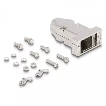 DELOCK D-Sub kabeļa apvalks 9 kontaktu savienotājam (vīrišķajam/sievišķajam) ar vilkmes aizsardzību, sudraba krāsā, plastmasa, 31,6×46,2×15,6 mm