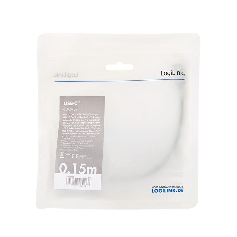 LogiLink CUA0102 USB 3.2 Gen1 Type-C–DisplayPort kabelis, 0,15 m, melns
