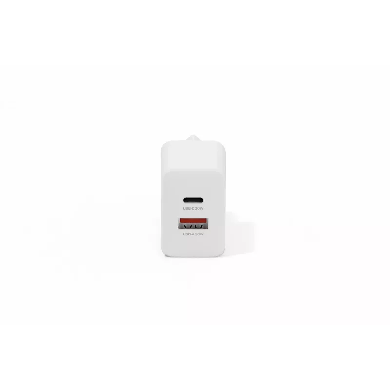 AC iekštelpu USB GaN lādētājs DIGITUS DA-10301 — 30W, 1× USB-C, 1× USB-A, 100–240V, balts
