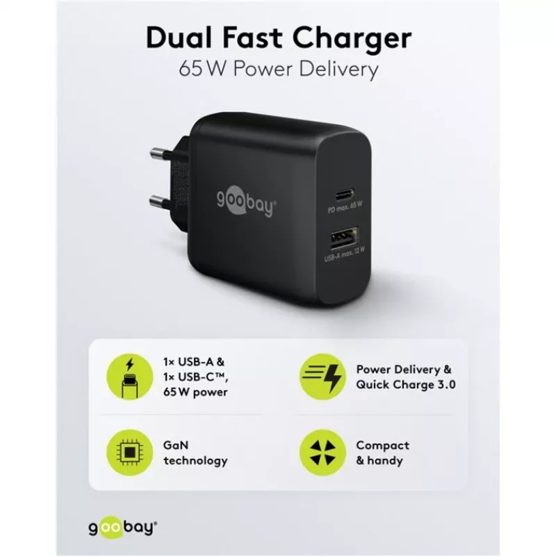 USB-C divkāršais ātrais lādētājs, PD, GaN, 65 vati (melns, 1x USB-C, 1x USB-A, Power Delivery)