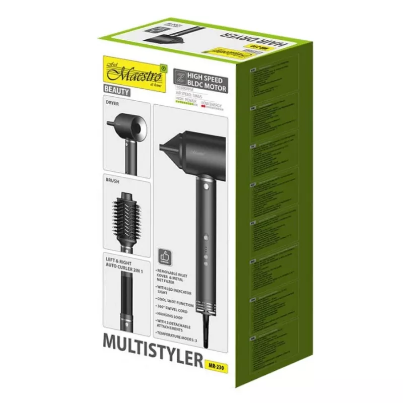 Multistyler 3in1 matu kopšanas komplekts Maestro MR-230 — matu žāvētājs, žāvētāja suka un automātiskais lokšķēres gludeklis, 1200 W, BLDC motors, 3,5 cm čokurošanās diametrs, 2 siltuma līmeņi, melns