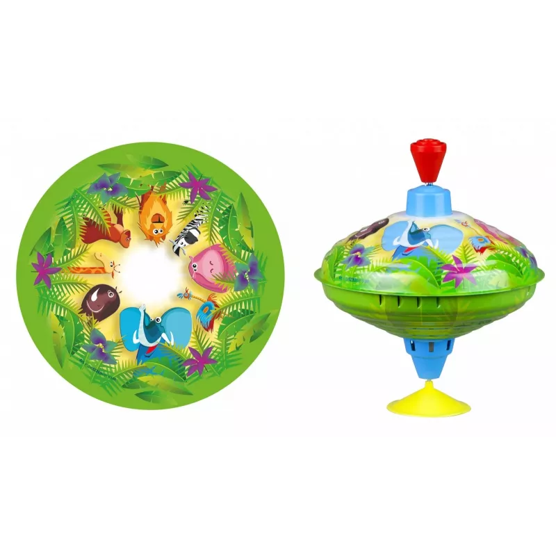 Rotējošā bumbiņa Lena Humming top Savvaļas dzīvnieki 16 cm — koka rotējošā rotaļlieta no Lena, 16 cm diametrs