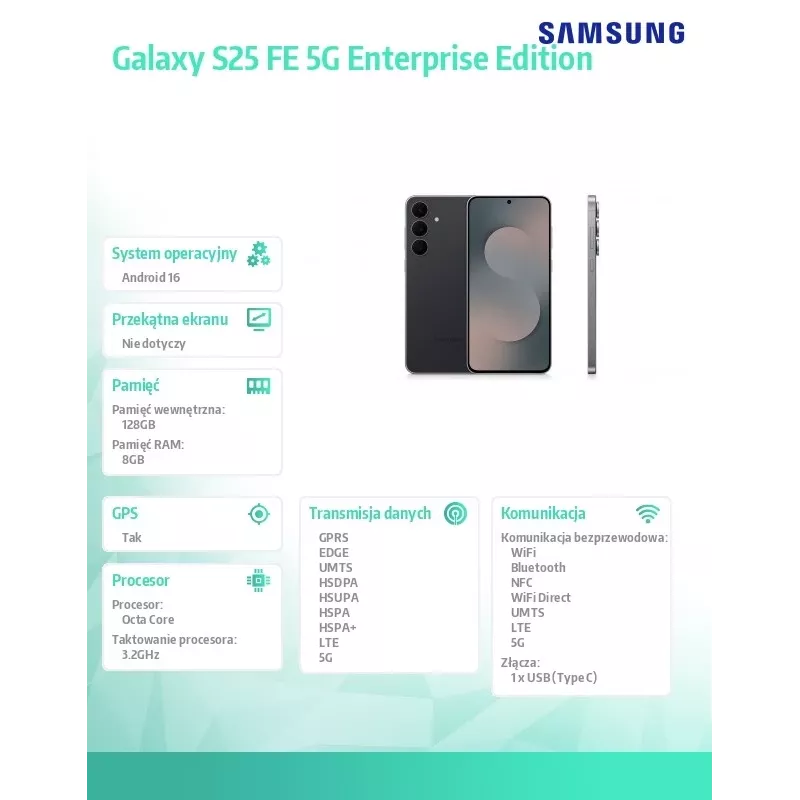 Viedtālrunis Samsung Galaxy S25 FE S731 6,7 collu Dynamic AMOLED 2X, 8 GB RAM, 128 GB, 5G, 50 MP trīskameru sistēma, 4900 mAh, IP68, Jet Black