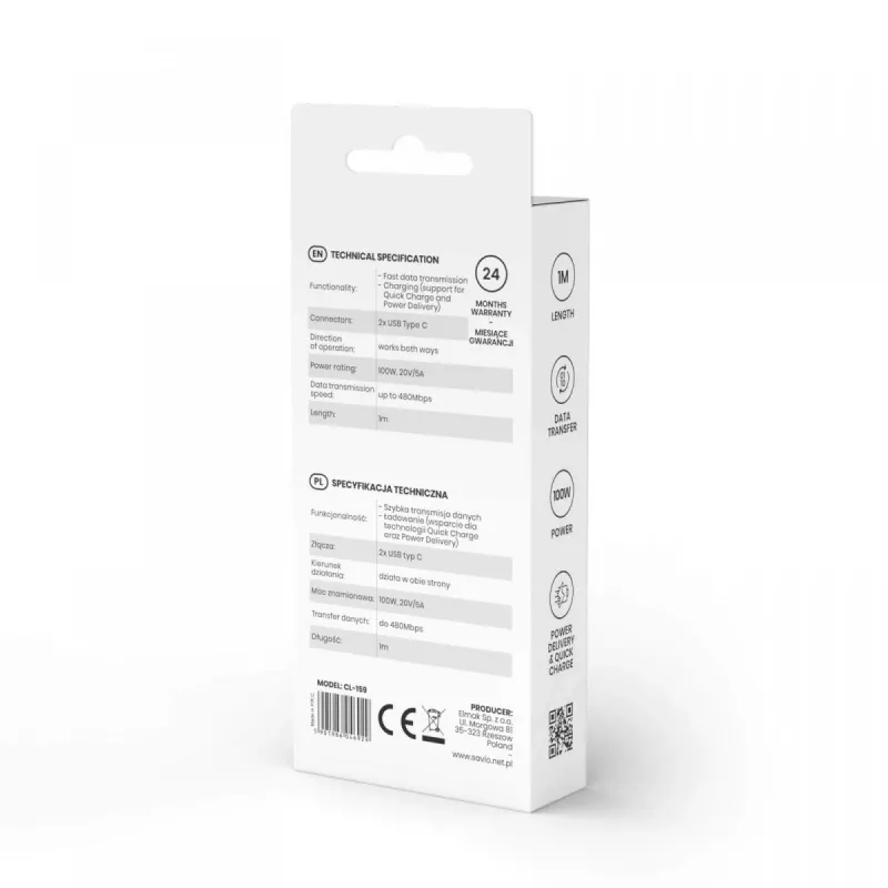 USB C uz USB C kabelis SAVIO CL-159 1 m, USB 2.0 (480 Mbit/s), melns, 2.1 A