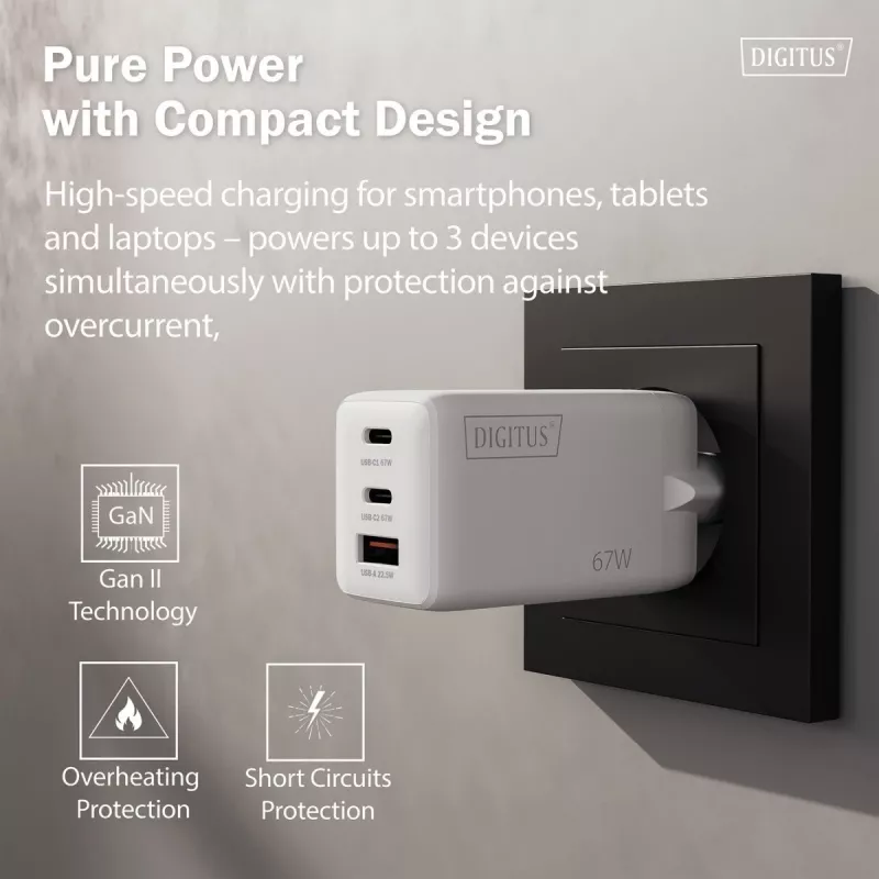 Wall charger DIGITUS DA-10303 67W GaN, 2× USB-C + 1× USB-A, 100–240V, balta