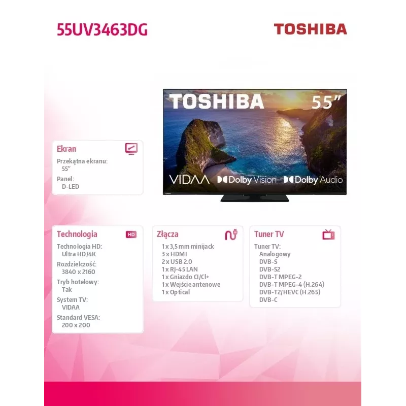 TV Toshiba 50UV3463DG 55 collas 4K Ultra HD DLED 3840 x 2160